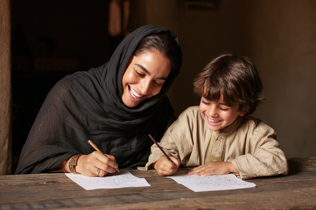 Mother and child writing or drawing together, smiling.
