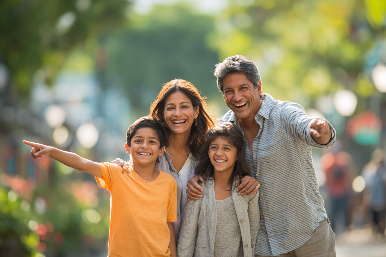 Happy family with two children outdoors.