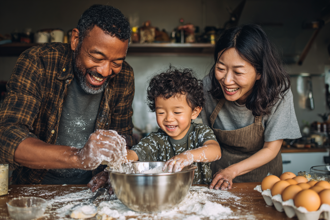 Family baking together, covered in flour and smiling.
